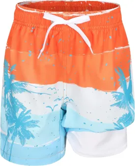 Aisyee Boys Swim Trunks with Compression Liner Swim Shorts Boys Boards Shorts with Boxer Brief Liner 7-16 Years