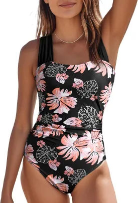Aleumdr Women's One Piece Swimsuit Ruched Tummy Control Bathing Suit Adjustable Strap Full Coverage Swimwear