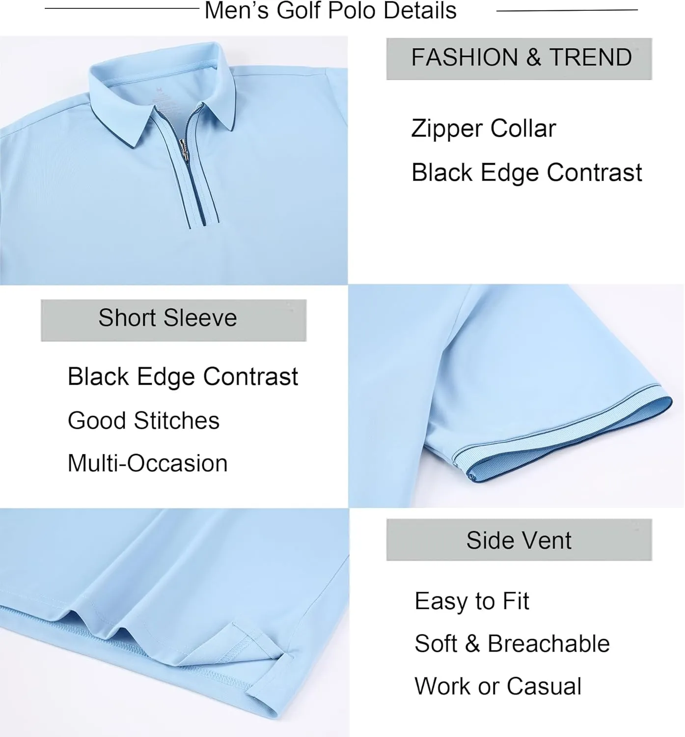Alex Vando Mens Zipper Golf Shirt Moisture Wicking Zip Up Solid Fashion Polo Shirts