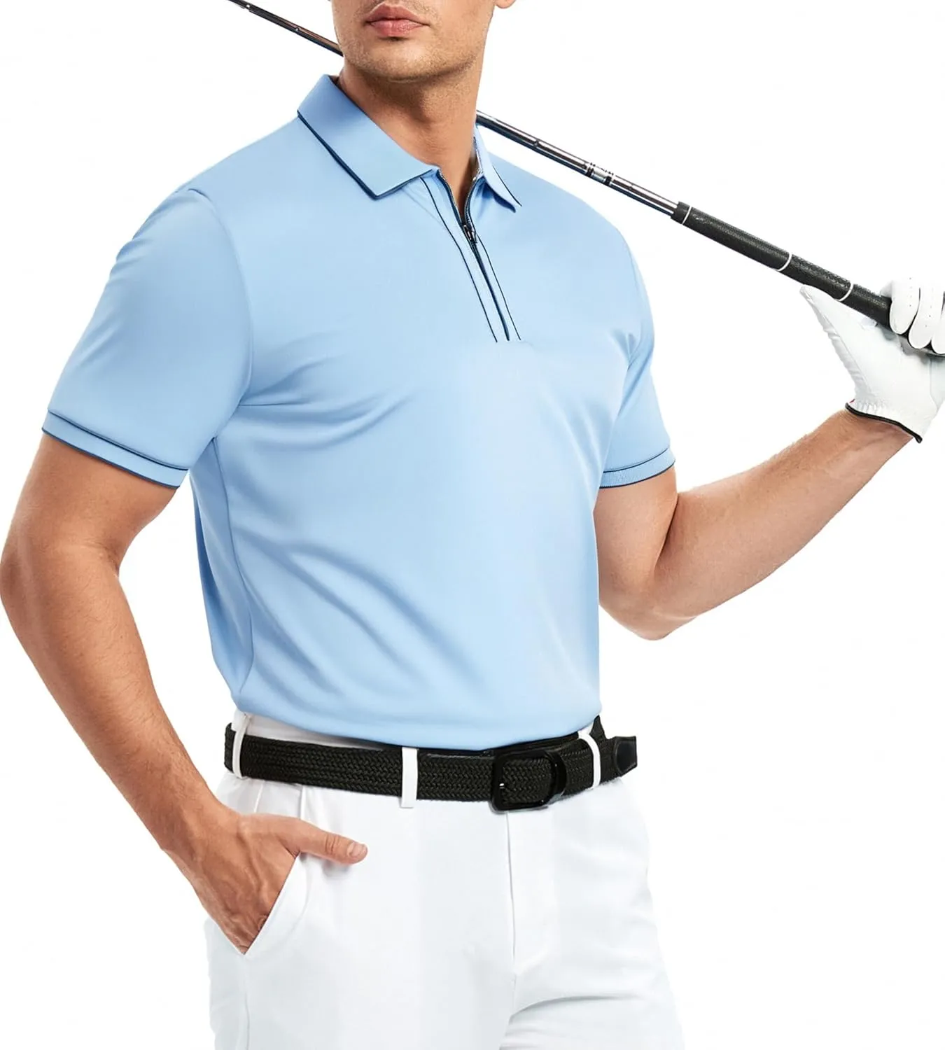 Alex Vando Mens Zipper Golf Shirt Moisture Wicking Zip Up Solid Fashion Polo Shirts