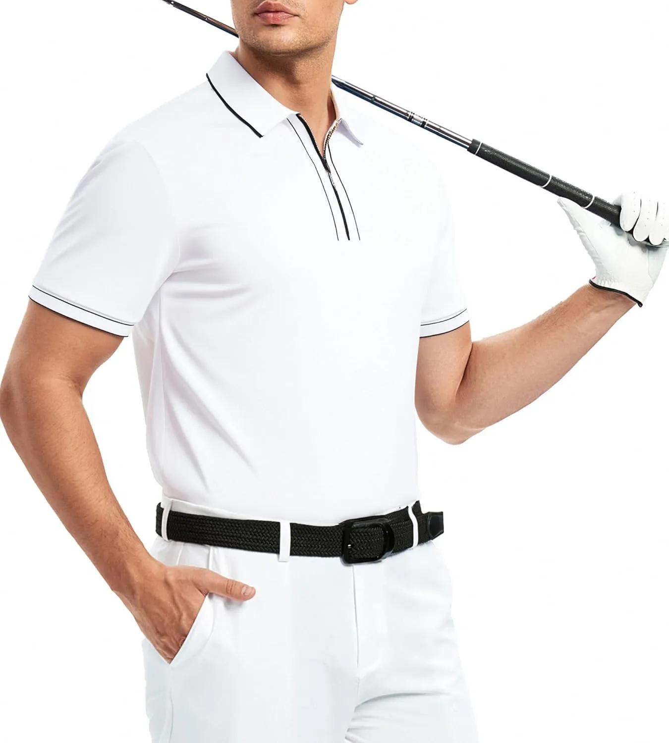 Alex Vando Mens Zipper Golf Shirt Moisture Wicking Zip Up Solid Fashion Polo Shirts
