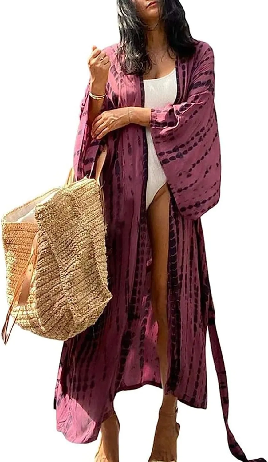 Chunoy Women Loose Open Front Long Beach Wear Cover Up Kimono Cardigan