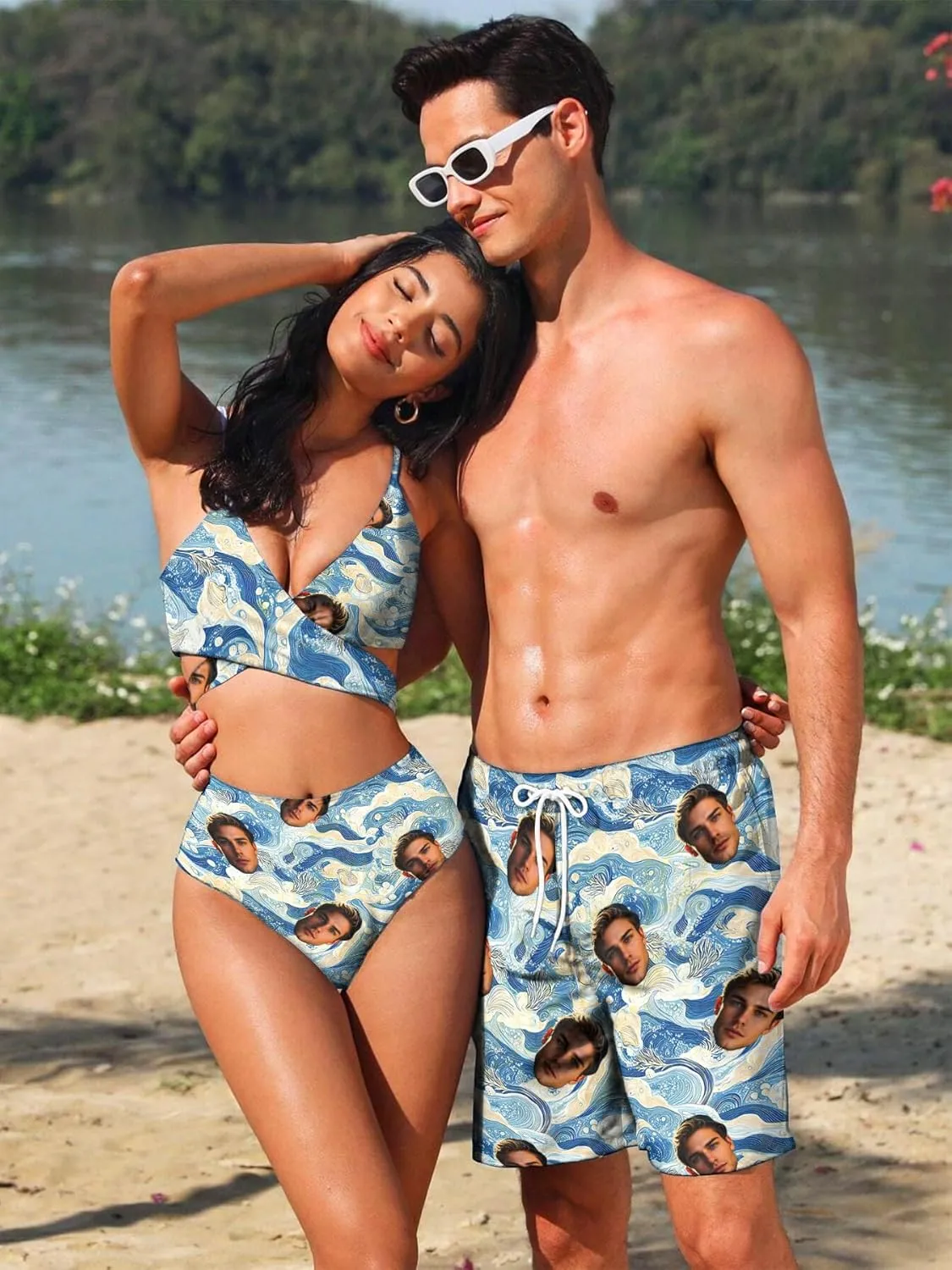 Custom Mens Swim Trunks 7" Personalized Board Shorts with Face Quick Dry Swimsuit Bathing Suit Compression Liner
