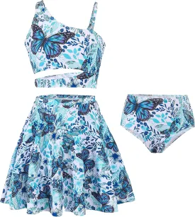 Girls 3 Piece Bathing Suit One Shoulder Ruffle Flounce Bikini Set with Cover Up Skirt Quick Dry Swimsuit 5-12 Years