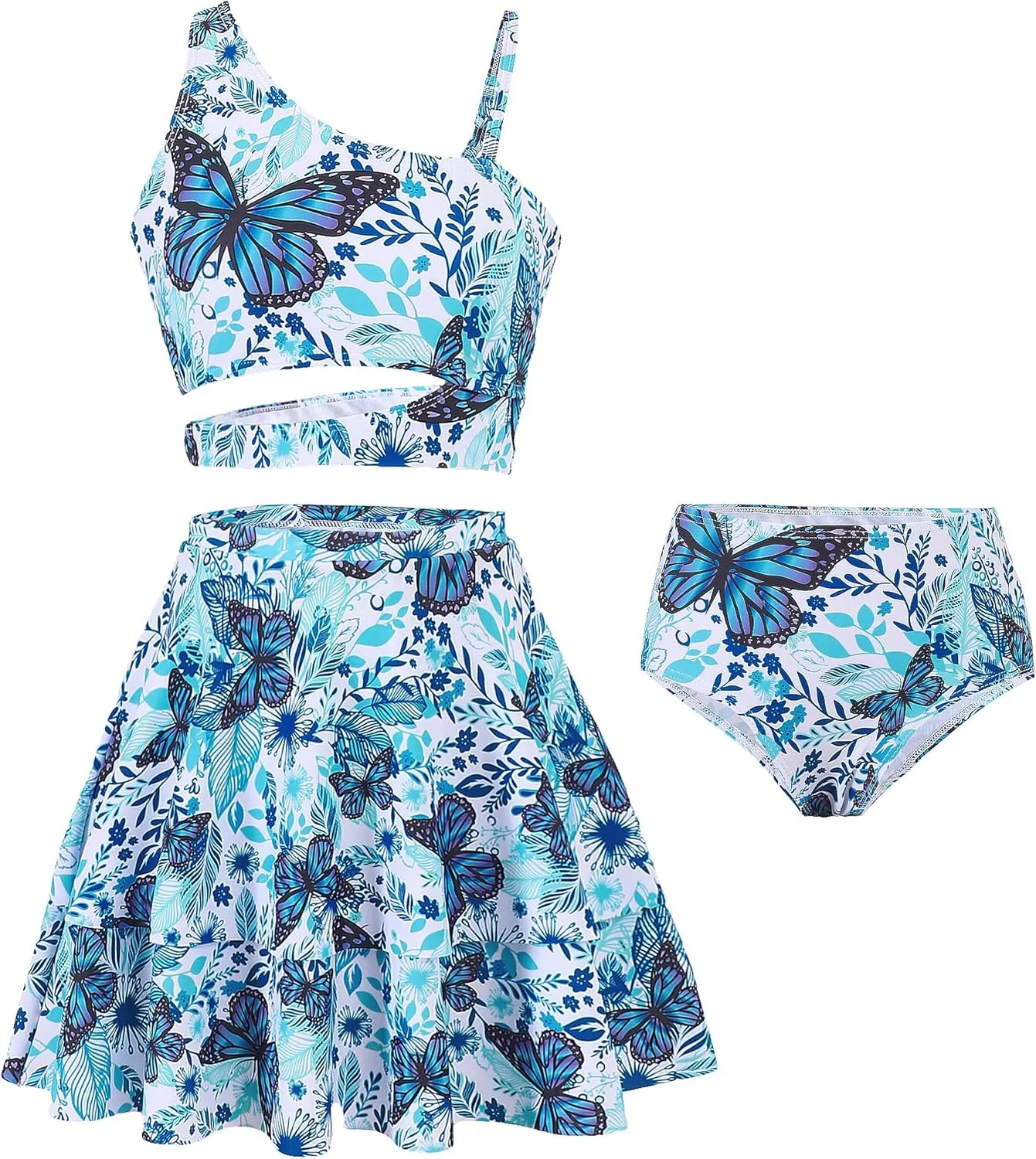 Girls 3 Piece Bathing Suit One Shoulder Ruffle Flounce Bikini Set with Cover Up Skirt Quick Dry Swimsuit 5-12 Years