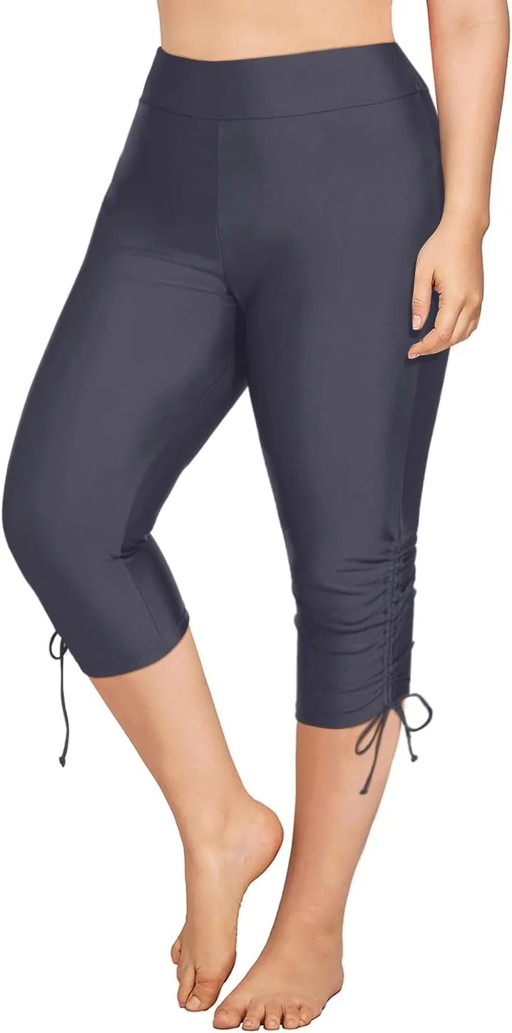 Holipick Womens Plus Size Swim Capris High Waisted Swim Pants Drawstring UPF50  Long Swim Shorts