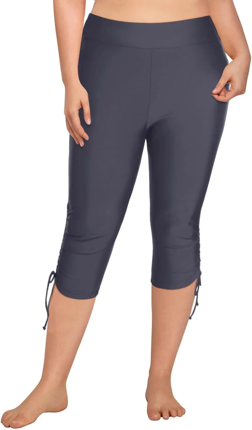 Holipick Womens Plus Size Swim Capris High Waisted Swim Pants Drawstring UPF50  Long Swim Shorts