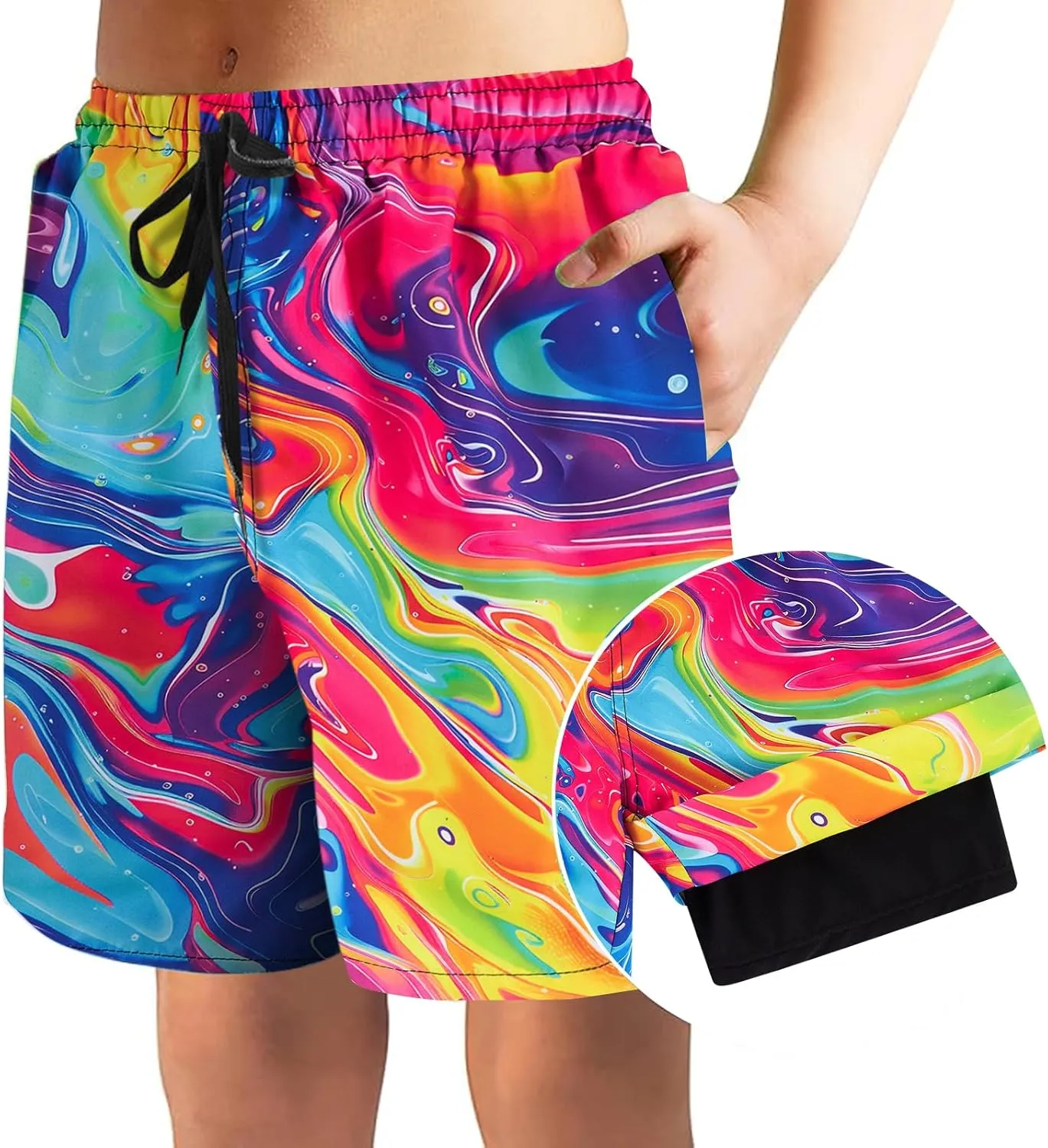 Idgreatim 5-16T Boys Swim Trunks with Compression Liner Summer Beach Quick Dry Swimsuit Bathing Suit