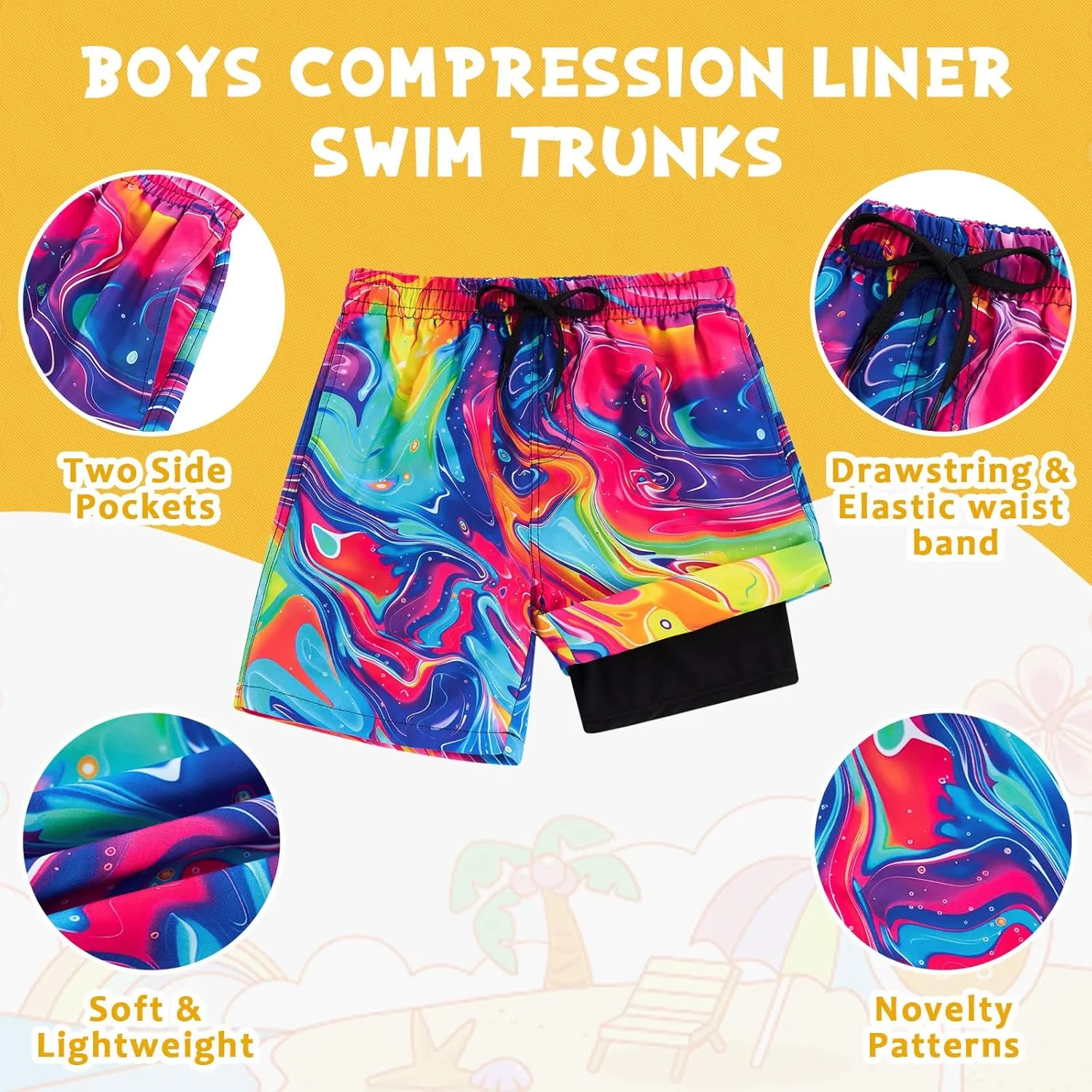 Idgreatim 5-16T Boys Swim Trunks with Compression Liner Summer Beach Quick Dry Swimsuit Bathing Suit