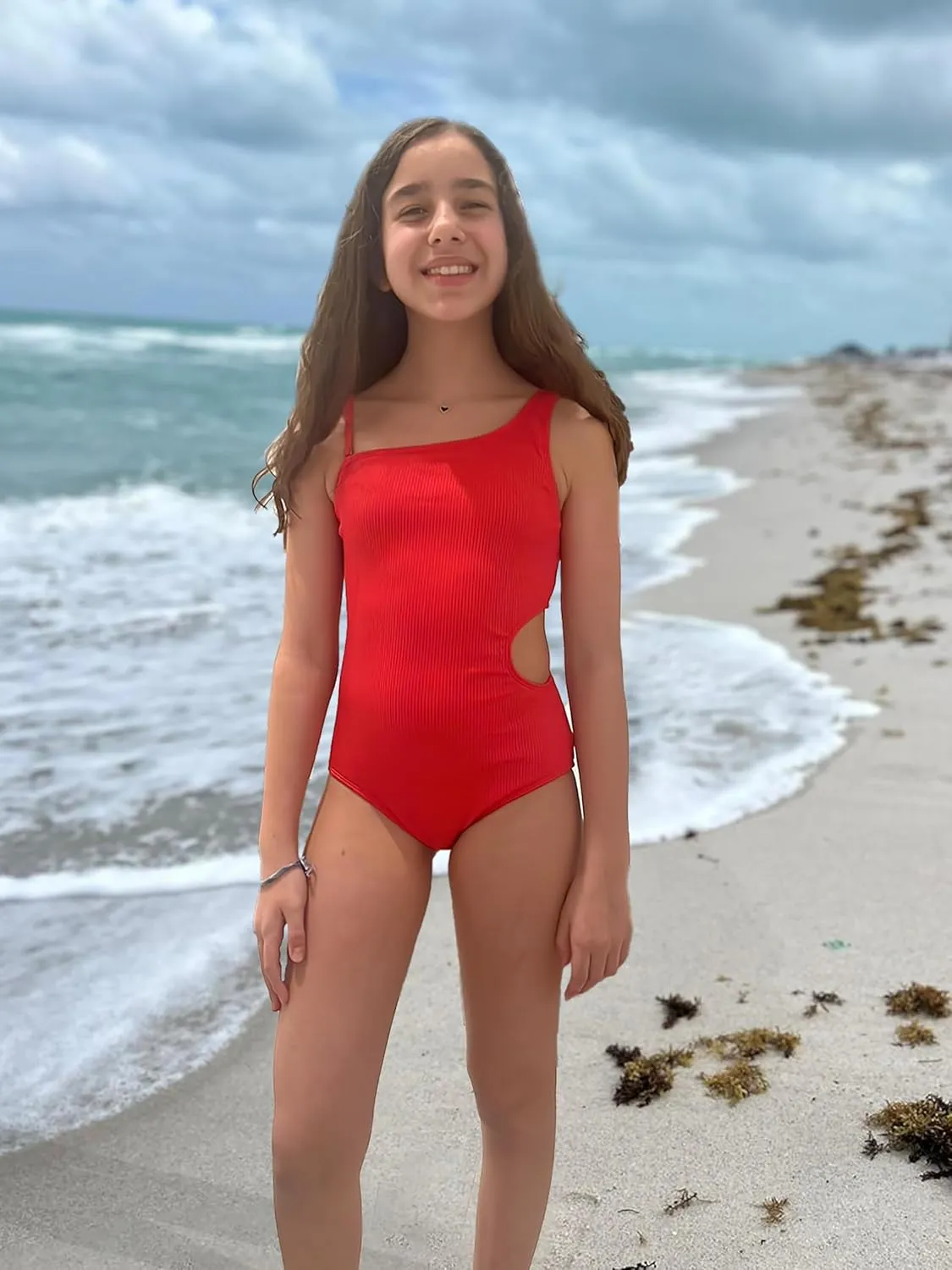 Kanu Surf Girls' Cori Beach Sport One Shoulder Side Cut UPF 50 1pc Swimsuit