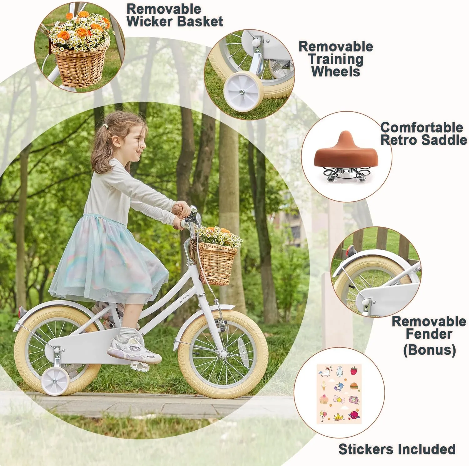 Little Molly 12-20 Inch Kids Retro Cruiser Bike for 2-13 Year Old with Wicker Basket & Training Wheels/Kickstand, Multiple Colors