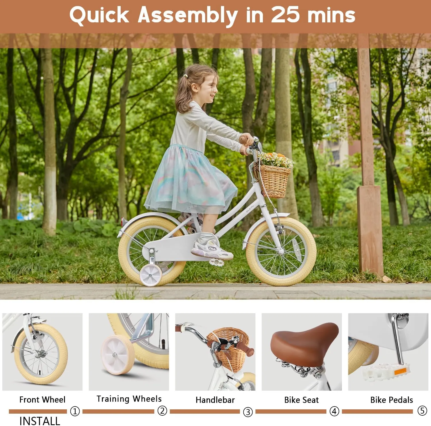Little Molly 12-20 Inch Kids Retro Cruiser Bike for 2-13 Year Old with Wicker Basket & Training Wheels/Kickstand, Multiple Colors