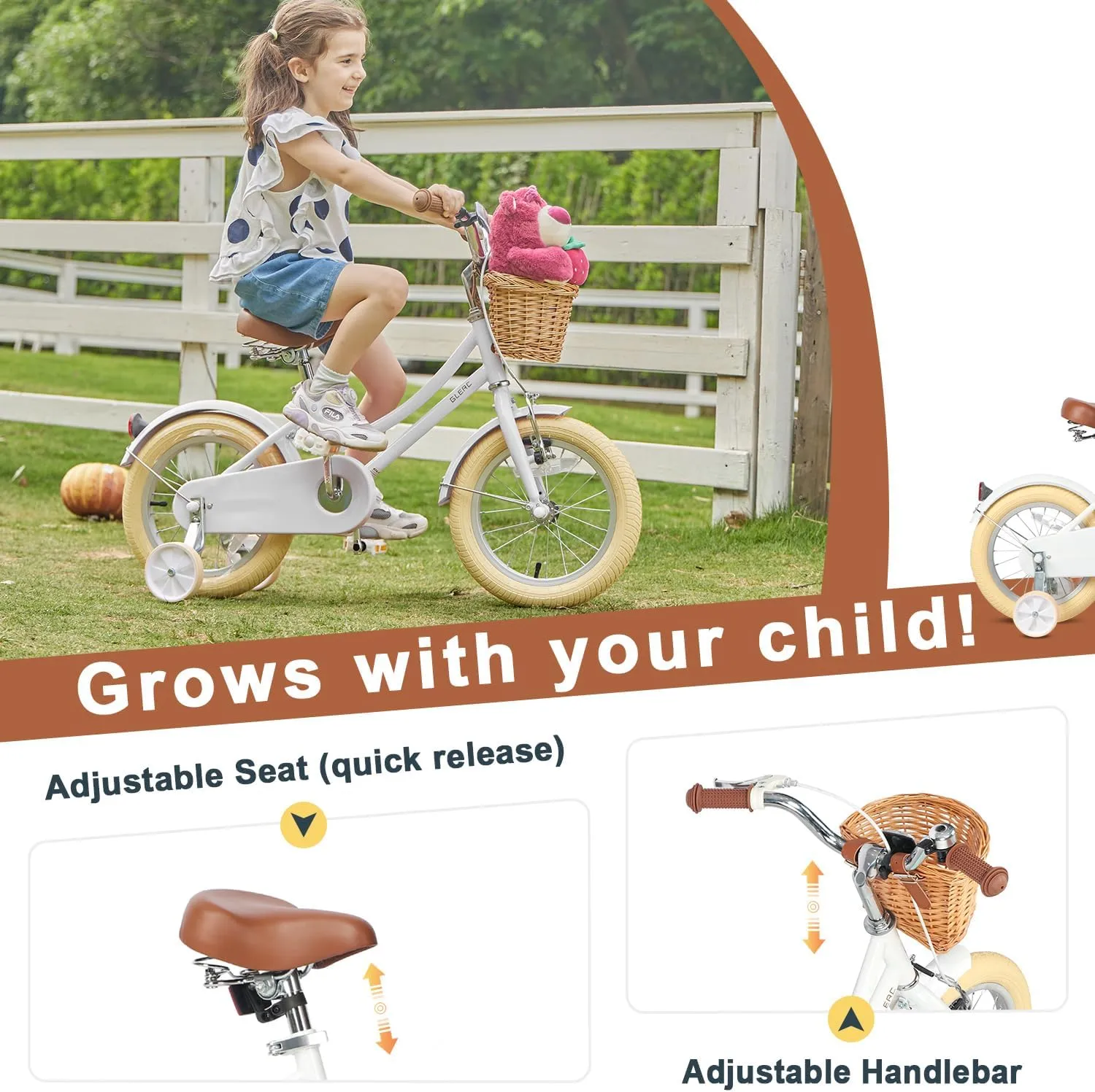 Little Molly 12-20 Inch Kids Retro Cruiser Bike for 2-13 Year Old with Wicker Basket & Training Wheels/Kickstand, Multiple Colors