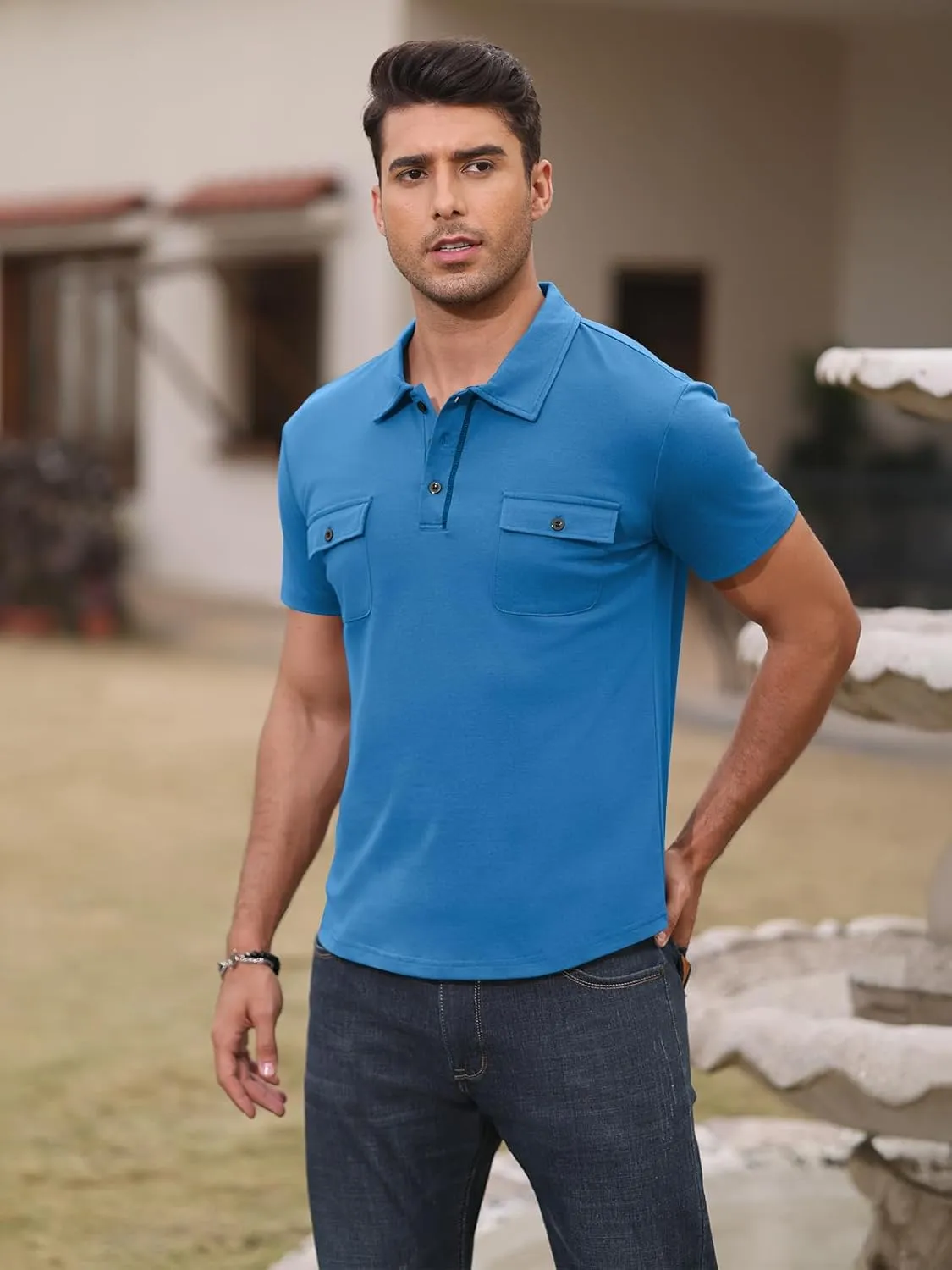 Short Sleeve Polo Shirts for Men Casual Moisture Wicking Golf T Shirt Slim Fit Basic Tee Tops with Pocket