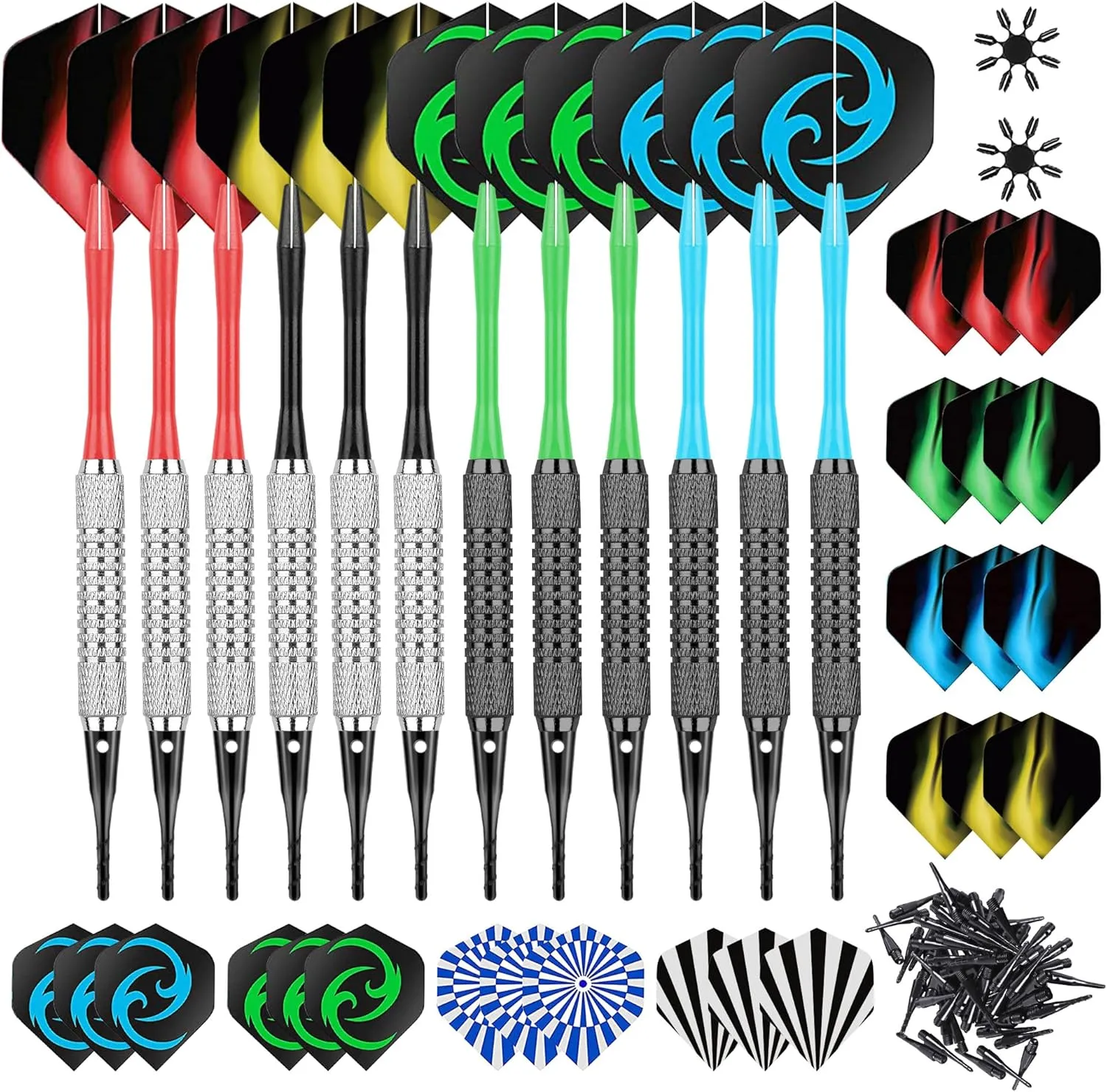 Soft Darts Set 12Packs with 4 Colors Plastic Shafts,Extra Flights,Points and Flight Protectors