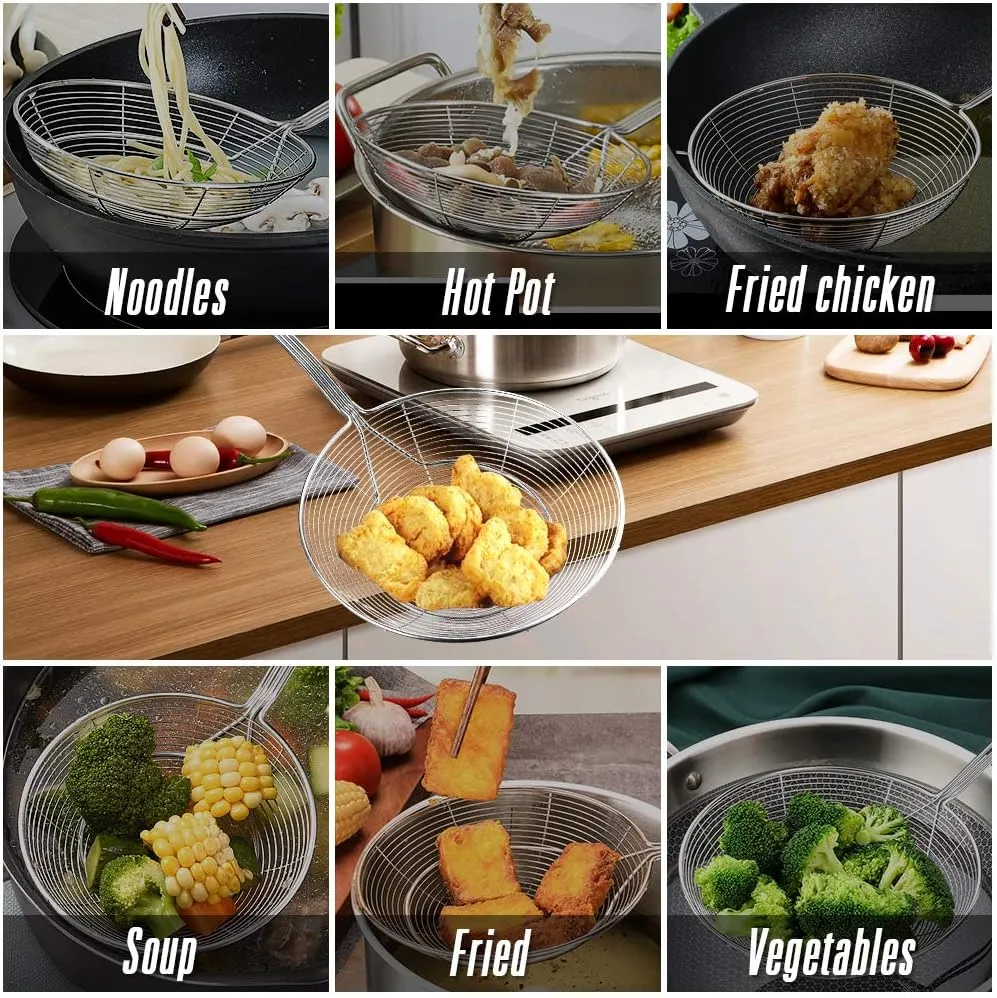 YFWOOD 7.9 Inch Spider Strainer Skimmer, Reinforced Double Coil Wire Skimmer with Large Handle Solid Stainless Steel Strainer Ladle for Cooking and Frying (1 - Piece)