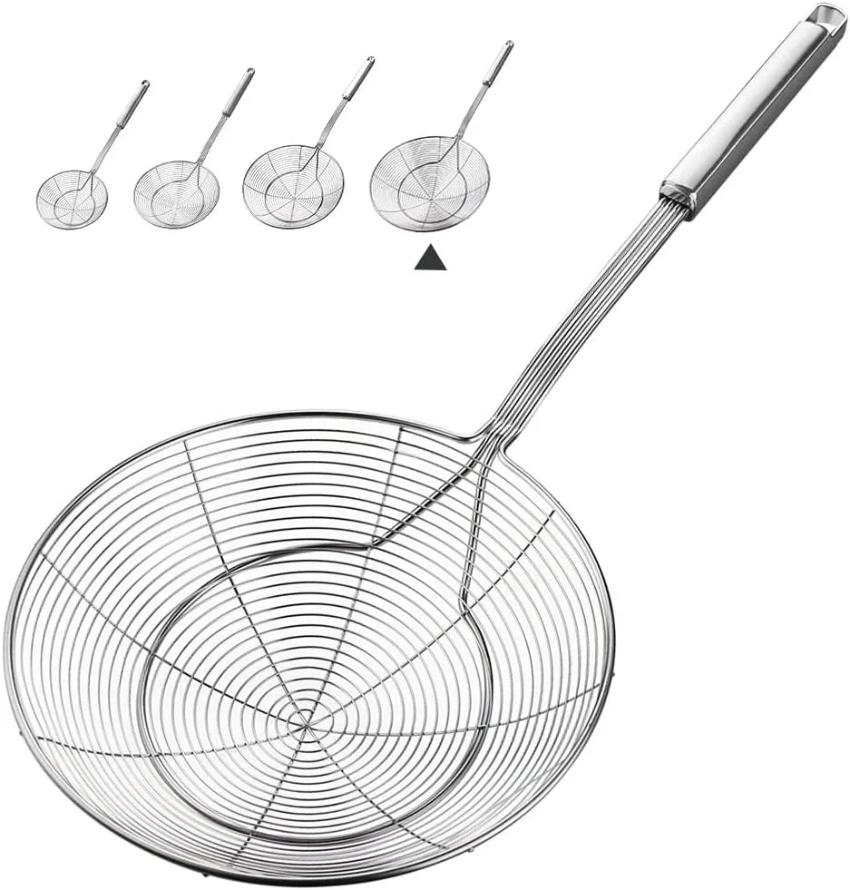 YFWOOD 7.9 Inch Spider Strainer Skimmer, Reinforced Double Coil Wire Skimmer with Large Handle Solid Stainless Steel Strainer Ladle for Cooking and Frying (1 - Piece)